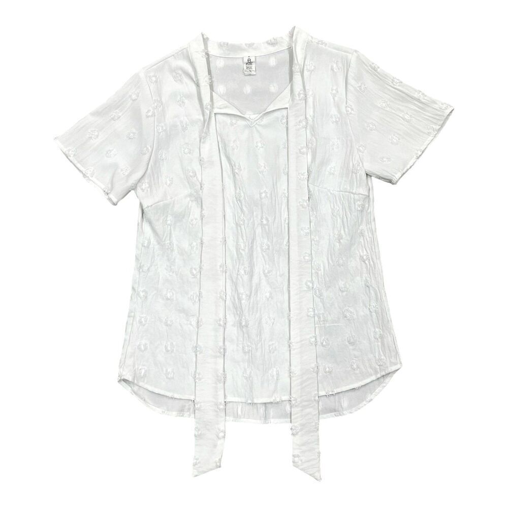 White Swiss Dot Tie Front Crepe Blouse S
